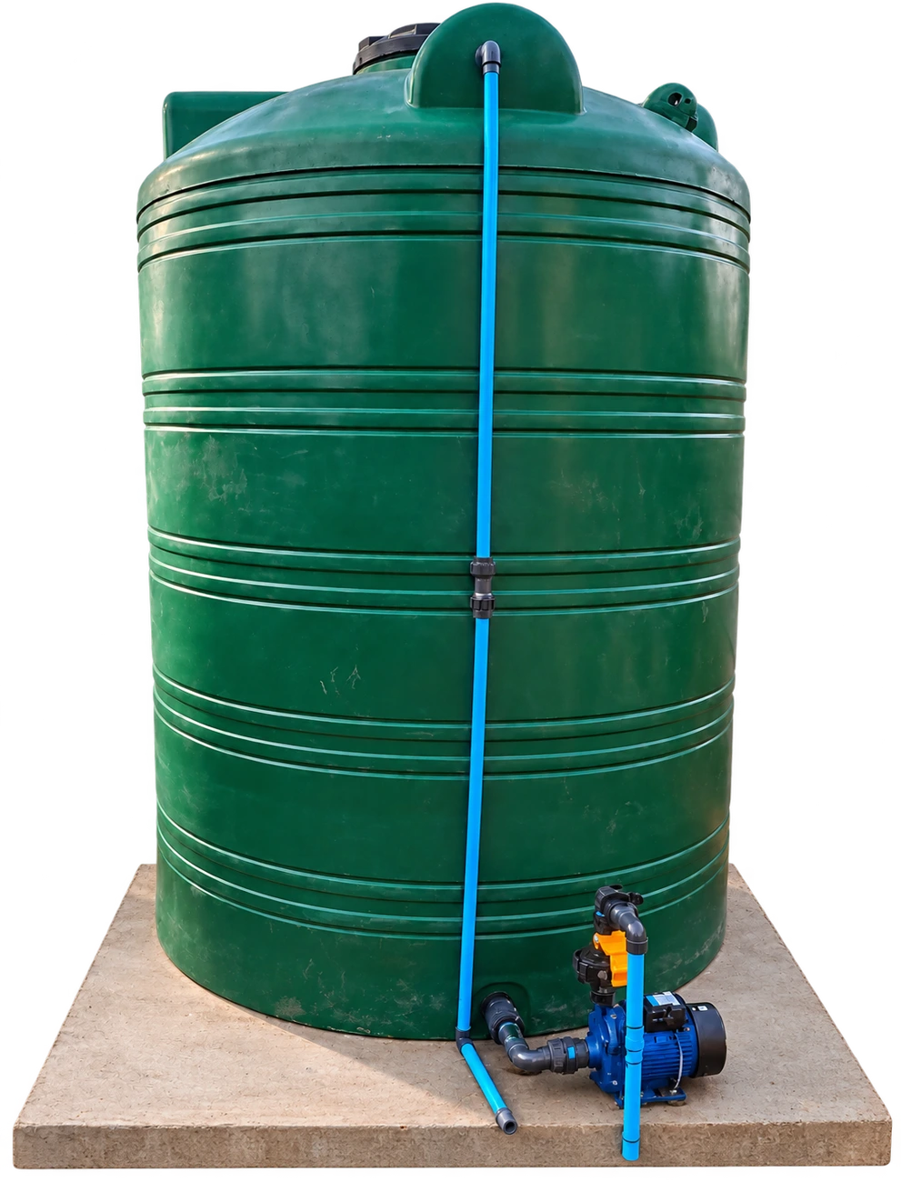 Supplied 2,500 litre green tank connected to a blue 1 HP booster pump