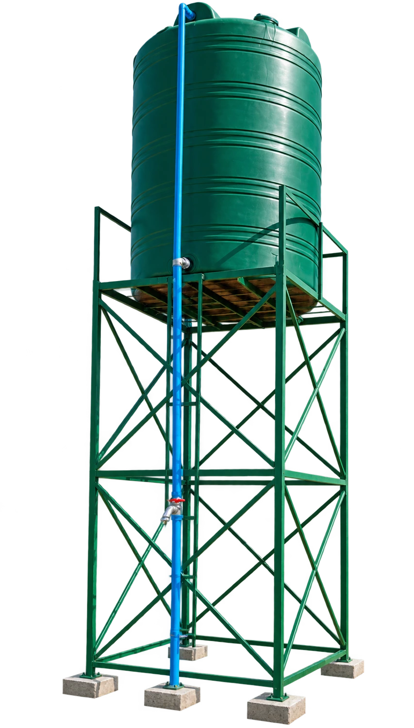 5,000 litre green water tank on a 4 metre green steel stand