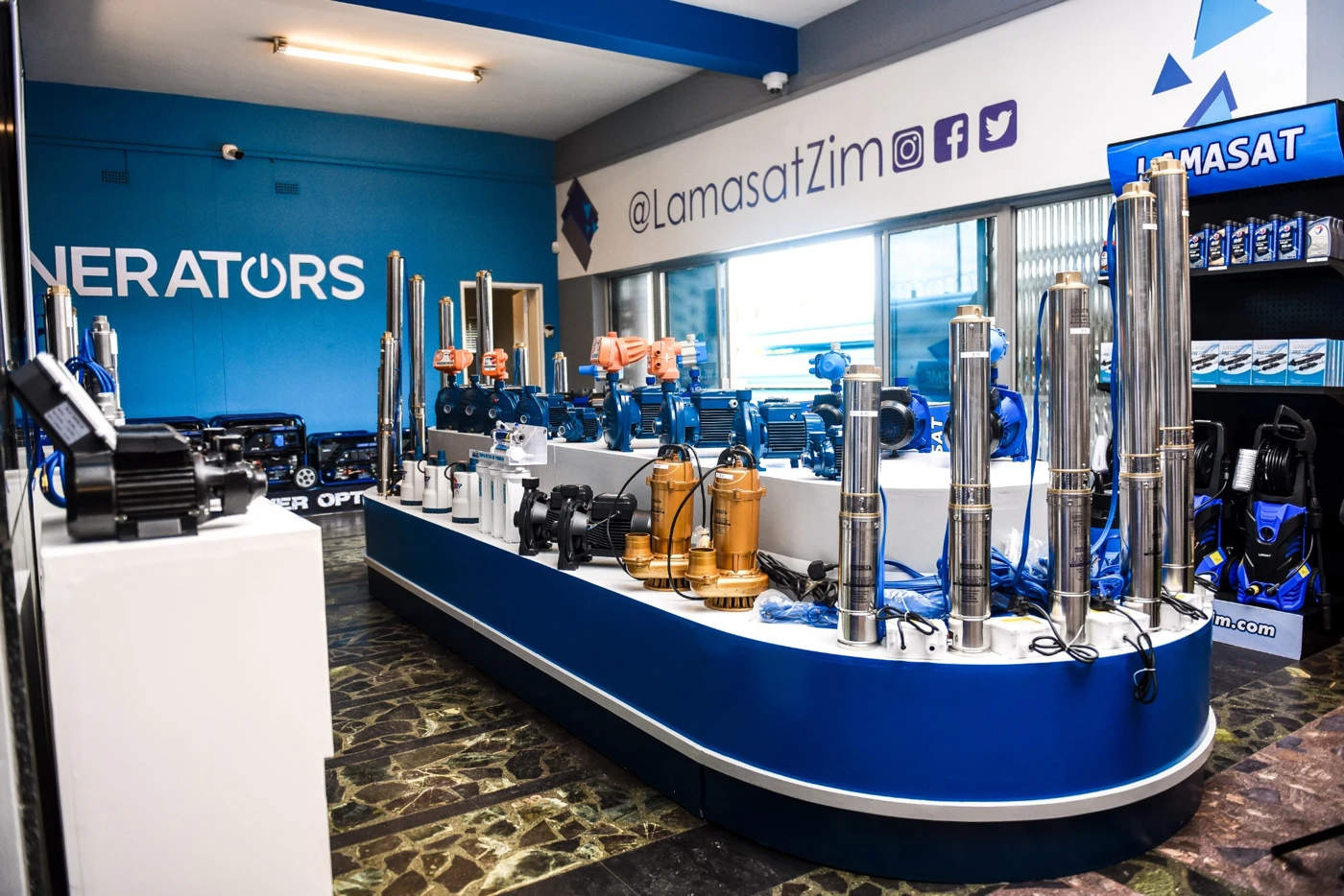 Lamasat showroom displaying booster pumps, borehole pumps and water equipment